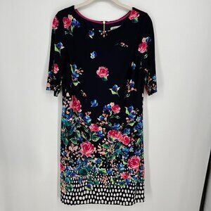 Eliza J Womens Floral Print Shift Dress Size 6 Navy Lined Stretch Half Sleeve